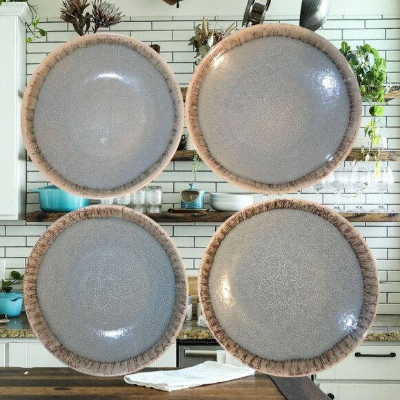 Pier 1 Set Of 4 Hand-Painted 8.5" Stoneware Plates Green With Brown Edges - Picture 1 of 7